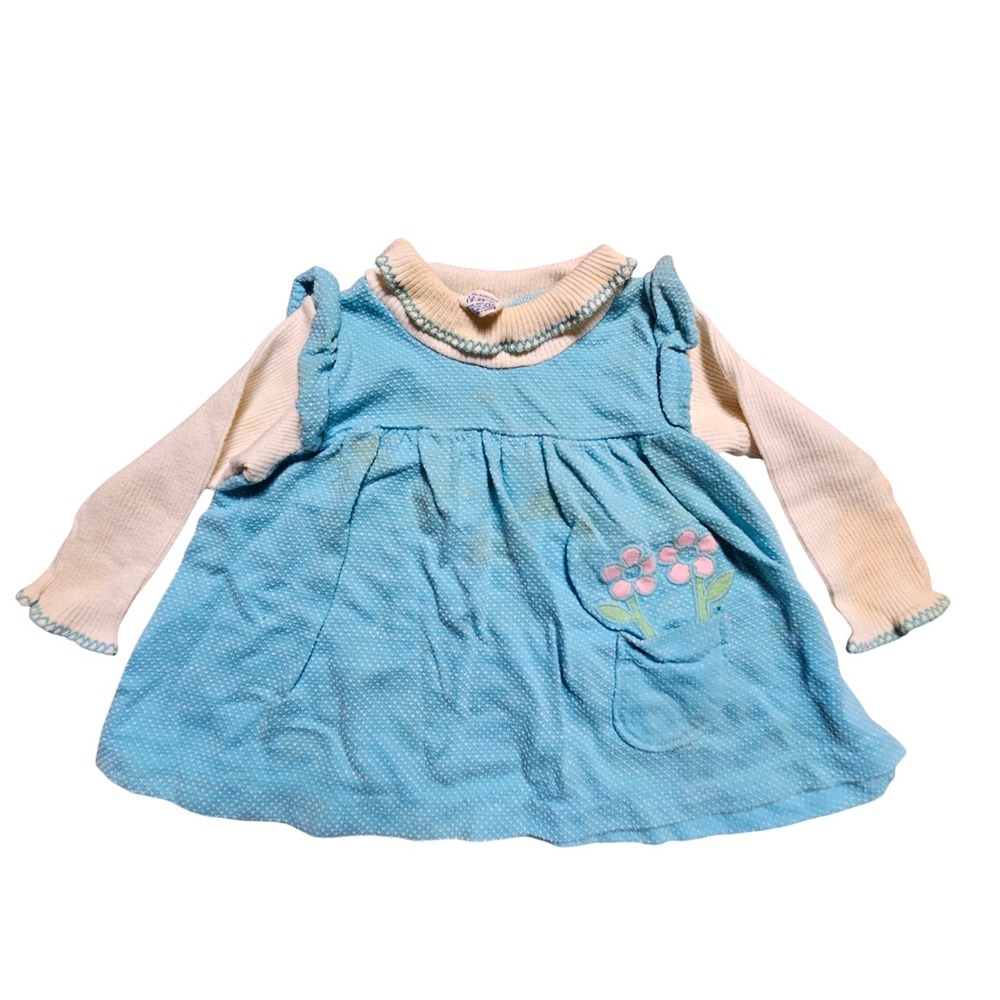 Vintage Carter's Baby Girl Blue Floral Knit Long Sleeve Dress 12 Mos 19-22 Lbs